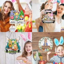 Detailed view of Easter wooden signs with gnomes and bunnies held in a cozy home setting