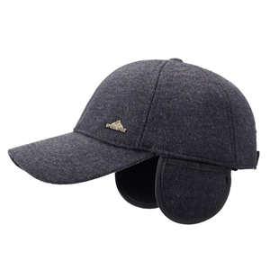 Men's winter thick wool baseball cap with ear flaps and metal logo in charcoal grey