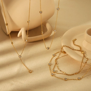 18K Gold Plated Stainless Steel Necklace And Bracelet Zirconia Inlaid Jewelry Minimalist Elegant For Women