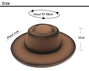 Brown wool felt boater hat showing 58cm head size, 8cm brim, and 12cm height dimensions