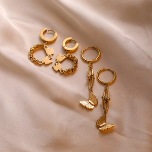 Elegant gold-plated butterfly drop earrings with twisted hoop and crystal accents
