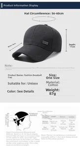 Detailed size chart for cotton baseball cap showing 56-60cm circumference and measurements
