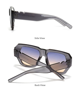 Macro view of butterfly rivet sunglasses with translucent grey frame and blue-orange lenses