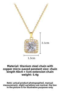 Close-up of square zircon pendant necklace in gold finish with 45cm titanium steel chain