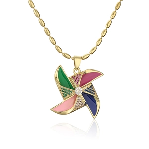 Exquisite gold spinning windmill flower pendant necklace with colorful zircon and enamel