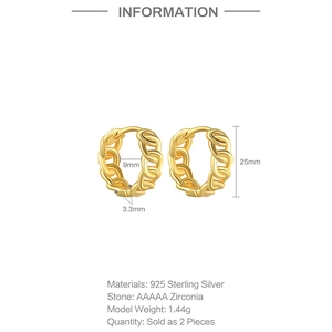 Detail view of gold chain link hoop earrings showing dimensions and 925 silver texture