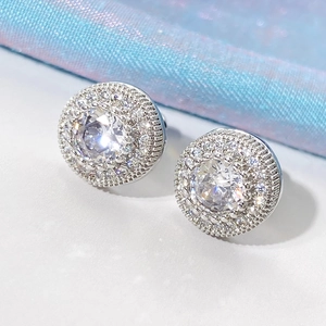 Sparkling double halo zircon flower stud earrings in 18k gold plated copper