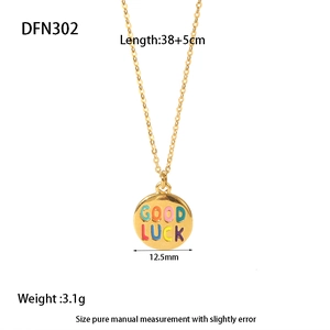 Detail view of gold stainless steel necklace with Good Luck pendant size and weight specs