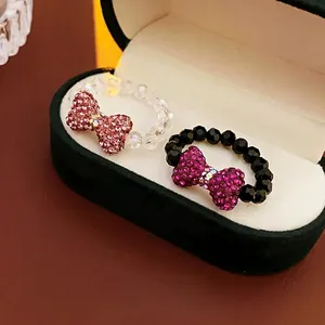 Sweet Bowknot Beaded Ring For Women Sparkling Rhinestone Crystal Elastic Finger Rings Elegant Jewelry Gift