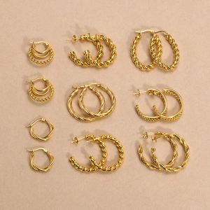 Stainless Steel Twisted Hoop Earrings For Women Gold Plated C Shape Minimalist Vintage Rope Braid Chunky Circle Earrings Jewelry