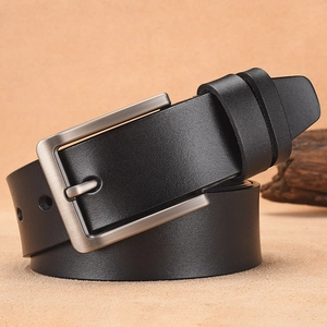 Classic black leather belt for men with brushed metal square buckle on leather surface