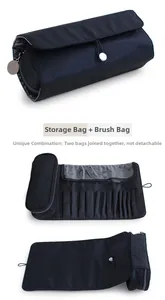 Macro detail of portable black nylon makeup brush case with multi-slot brush holder