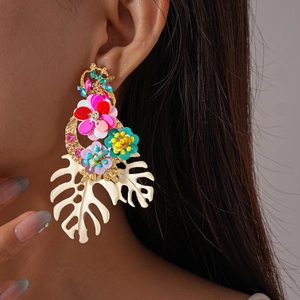 Tropical style earrings with colorful sequins flower and white leaf for women