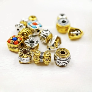 Tibetan silver bicolored barrel spacer beads for DIY bracelets with engraved mantras