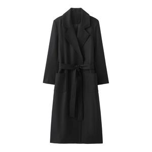 Women Long Trench Coat Polyester Solid Color Lapel Tie Waist Belted Pockets Fashion Casual Autumn Elegant Outwear