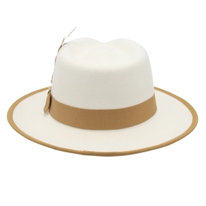 Elegant white wool fedora with camel ribbon, feather detail and bound edge for winter