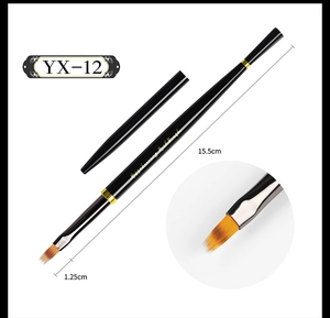 Detail of professional nail art brush with dimensions and macro view of synthetic bristles