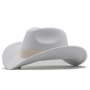 Detailed view of light gray wool felt cowboy hat with khaki grosgrain ribbon band