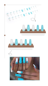 Detail of long ballerina fake nails with blue white gradient and glitter accents