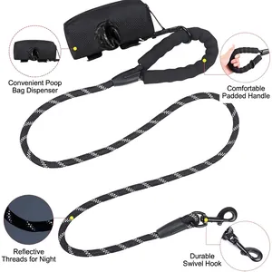 Reflective dog leash with padded handle, waste bag dispenser and durable metal clip