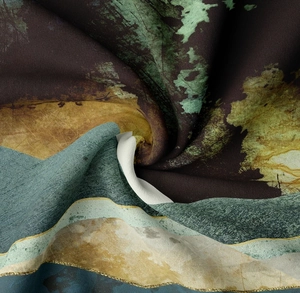 Close-up detail of high-quality abstract mountain print fabric with fine stitching