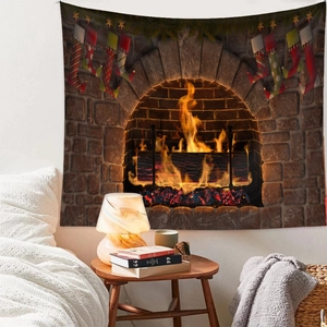 Detail of Christmas tapestry featuring a realistic fireplace and holiday socks decoration