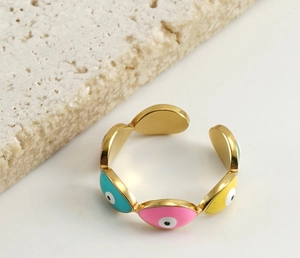 Macro shot of 18k gold stainless steel open ring with colorful evil eye enamel details