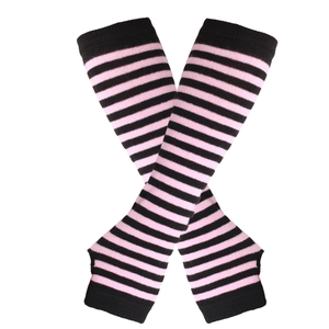 Detail of pink and black striped knitted arm warmers with thumb holes in X-cross layout