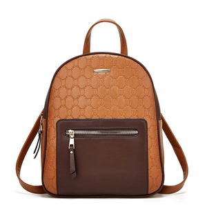 Brown patchwork fashion backpack with textured chain pattern and decorative tassel