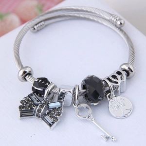 Silver stainless steel Tree of Life open bracelet with crystal beads and key charms