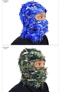 Detail view of frayed camouflage balaclava mask in camo blue and camo green knit