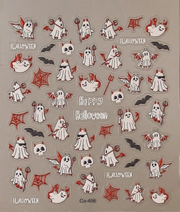 Detailed macro view of 5D Halloween nail stickers with ghost, bat and spider web patterns