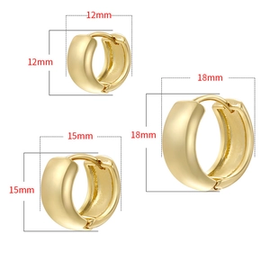 Polished 18K gold plated hoop huggie earrings in 12mm, 15mm, and 18mm sizes