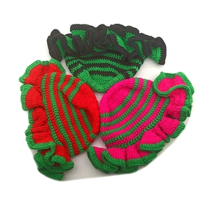 Handmade crochet ruffle hats featuring vibrant striped patterns in red, green, and pink
