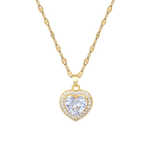 Minimalist titanium steel gold heart necklace with micro-pave crystals on white background