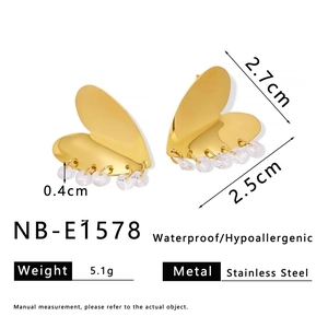 Gold stainless steel heart earrings with five small white bead charms and 2.7cm length