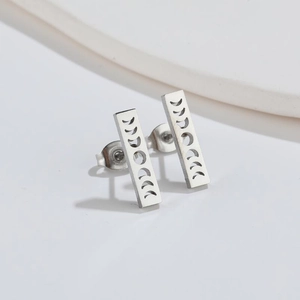 Minimalist silver stainless steel bar earrings with celestial moon phase engravings