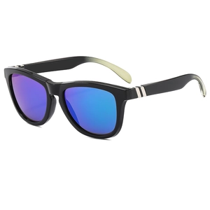 Polarized cycling sunglasses with black square frames and blue-purple gradient lenses