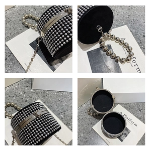 Detailed views of a black cylindrical evening bag with silver studs and beaded handle
