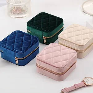 Quilted velvet jewelry organizer box with gold zipper in four elegant colors
