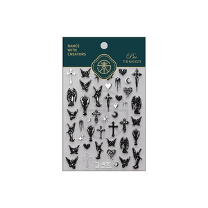 Gothic black angel nail stickers with silver 3D relief crosses, stars and moon patterns