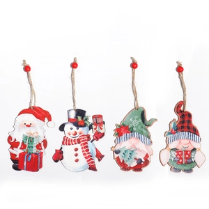 Set of four wooden Christmas gnome and snowman tree ornaments with rustic hemp ropes