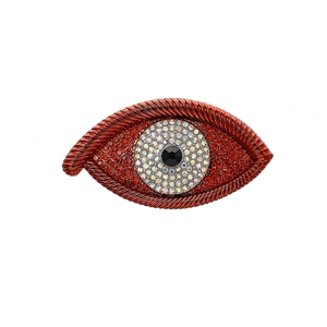 Exaggerated devil eye brooch in red twisted metal with sparkling crystal rhinestones