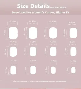 Detailed size guide for nude press-on nails featuring 12 different widths and lengths