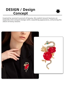 Detail of red rose and snake brooch with sparkling crystals on a black suit lapel