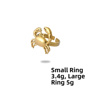Detailed view of adjustable golden crab rings with weight specs 3.4g and 5.0g