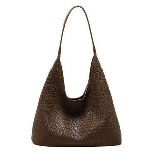 Retro dark brown woven tote bag with large capacity and shoulder strap on white background