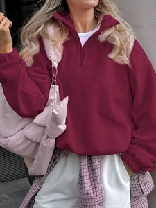 French style burgundy polar fleece half-zip sweatshirt for women in outdoor setting