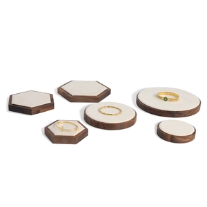 5-piece walnut wood and beige microfiber jewelry display set for necklaces and rings