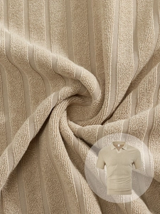 Macro detail of breathable khaki knit fabric with vertical stripes and terry texture